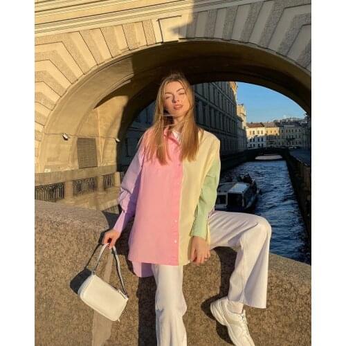 JUNWU Summer Color Vertical Stripes Stitching Pocket Lapel Loose Jacket Single-Breasted Long-Sleeved Shirt Sweet Za Style