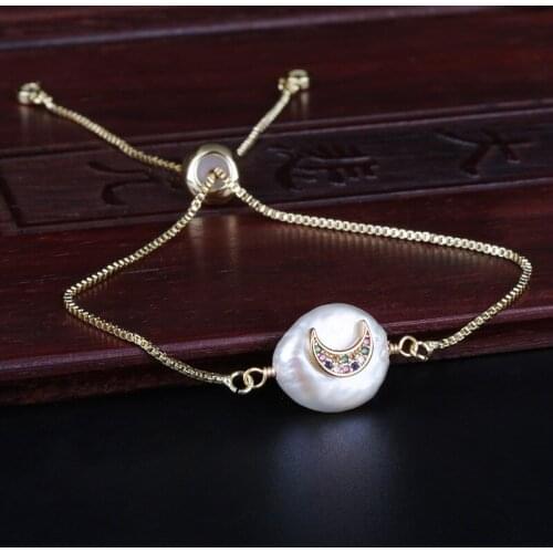 Rainbow cz crystal pave crescent moon new moon charm natural freshwater pearl bead link bracelet for women wedding birthday gift