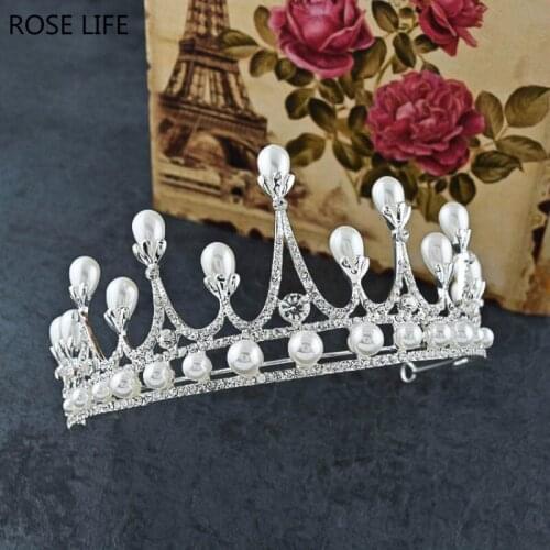 ROSE LIFE2017 New Fashion Baroque Crystal Pearl Alloy Bride Crown Silver Bridal Hair Accessories Tiaras for Women Bride Wedding