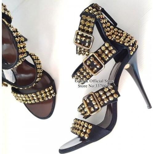 Stylish Gold Rivets Studded High Heel Sandals Black Buckles Strap Gladiator Heels Stiletto Heel Dress Shoes Ankle Strap Pumps