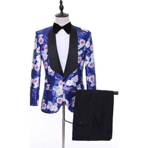 Rose Floral Printed Wedding Men Suits New Terno Masculino Slim Fit Blazer Host Stage Clothing Dinner Party Bridegroom Suit 2 Pcs