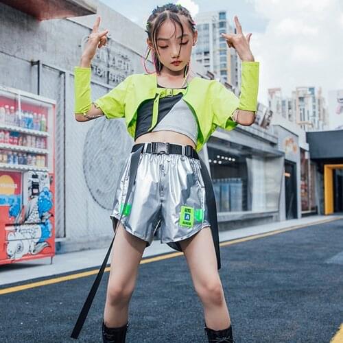 Hip Hop Dance Costume Girls Jazz Performance Outfit Green Tops Silver Pants Catwalk Modern Dancing Clothes Street Wear BL6399