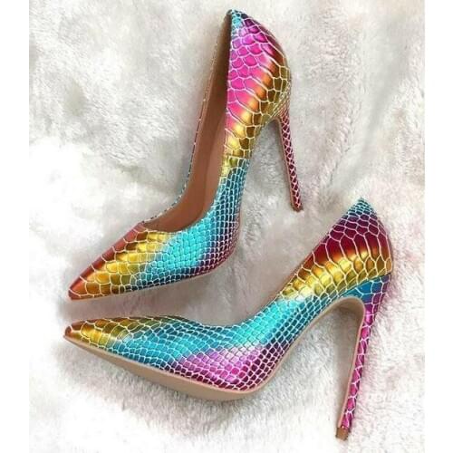 Sexy Colorful Snake Print Leather Pumps Heels Woman 12CM Pointed Toe Heels Women Formale Shoes Bride Slip-on Wedding Dress Shoes