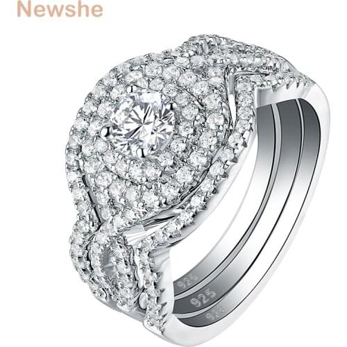 Newshe 3Pcs 925 Sterling Silver Wedding Rings For Women AAA CZ Engagement Bridal Set Classic Jewelry Size 5-12