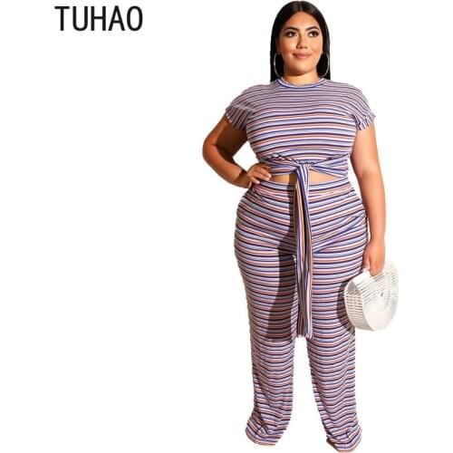 TUHAO 2020 Spring Summer Women Casual Knit Tracksuit Striped Print Crop Top Big Size 5XL 4XL 3xl Pants Suit Two Piece Set WM68