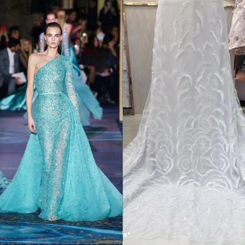 5yards/pc) High quality white African wedding tulle lace beads and sequins French net lace fabric for party dress FHS083