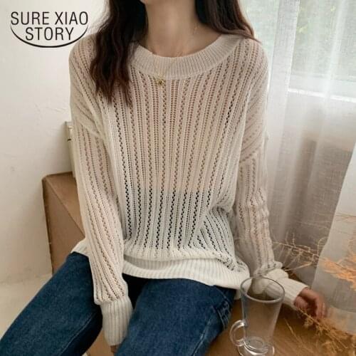 White Blouse Women Chic New Autumn Korean Style Hollow Out Sunscreen Sweater Long-sleeved Women Retro Thin Loose Lady Tops 15723