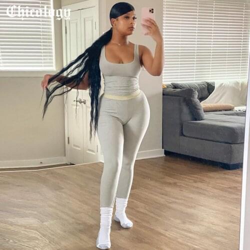 Chicology Sleeveless 2021 Summer Stretchy Women Clothes Crop Tank Top Solid Color Knitted Ribtted 2 Two Pieces Sets