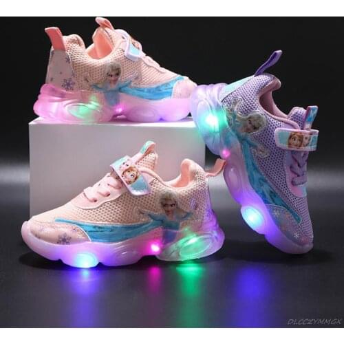 Disney Children Glowing Sneaker Fashion Frozen Elsa Girls shoes With Light Led Sport Kids Casual Shoes Light Up Shoes Size 21-30