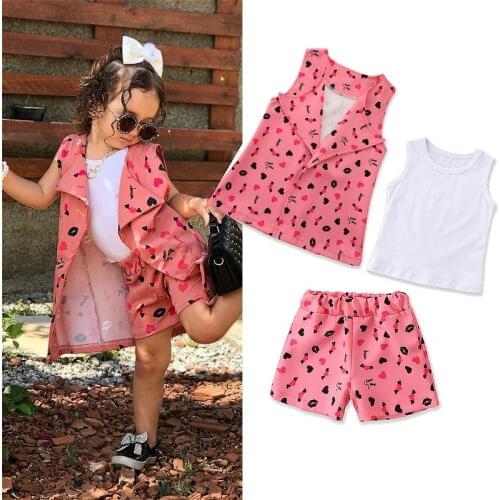 Girls Clothing Sets 2021 Summer Kids Clothes Heart Printed Sleeveless Vest Top+Shorts Fashion Children Clothing 3Pcs