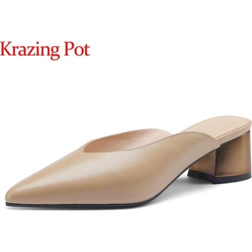 Krazing Pot genuine leather pointed toe med heel slip on mules simple style young lady streetwear comfortable women pumps L0f1