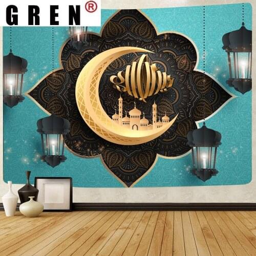GREN Creative Tapestry Moon Star Eid Mubarak Religion Festival Wall Hanging Tapestries for Living Room Bedroom Home Decoration