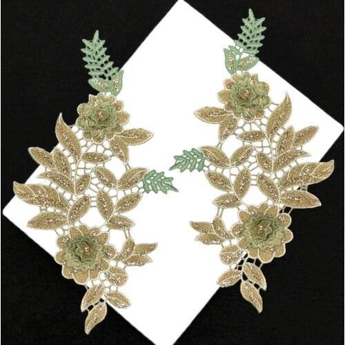 1pairs/2pcs Gold Green 3D Flower Lace Collar DIY Rhinestone Fabric Flash Powder Craft Material Clothing Dress Sewing Accessories