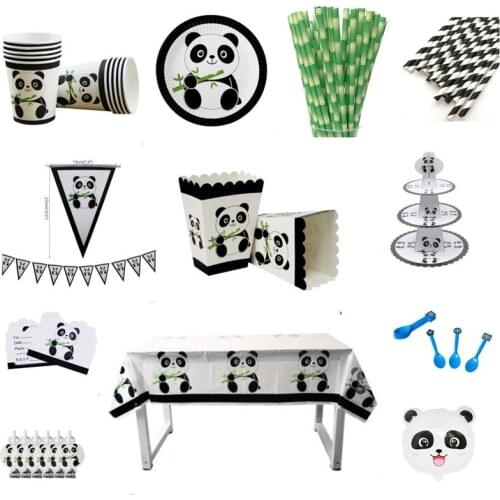 Hot sale Cartoon Panda Theme Happy Birthday Party Straw Plate Tablecloth set Christmas Wedding For Home decoration