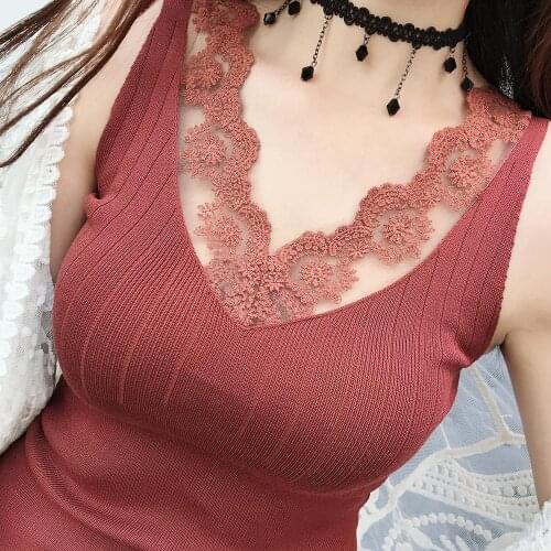 Sexy Summer Lace Camisole Basic Knitted Tank Top Women V Neck Camis High Elasticity Top Casual Tank Tops Knitwear Korean