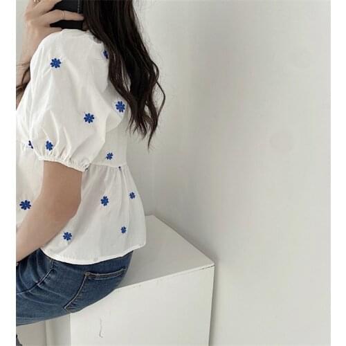 Korean Girl with Masonry Collar Sweet Loose Baby Shirt Embroidered Flower Blouse