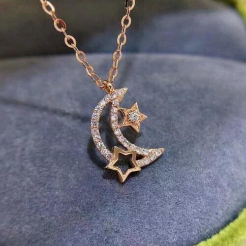 Cute Rose Gold Moon Star Pendant Long Chain Necklace Choker for Women Fashion Jewelry With Bling Zircon Stone