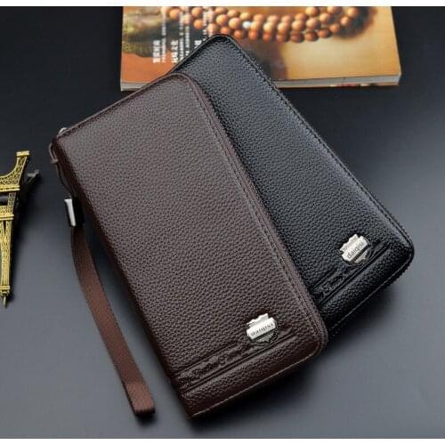 Male Handbags Men Long Wallets with Zipper Clutch Lychee Pattern Business Coin Purse Leather Mobile Phone Bag carteras de hombre