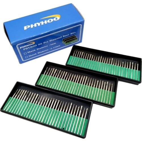 1/8" 90pcs Shank Diamond Burr Bits Set Drill Bit Kit for Glass Gemstone Metal Dremel Grinding Craftman Rotary Tool