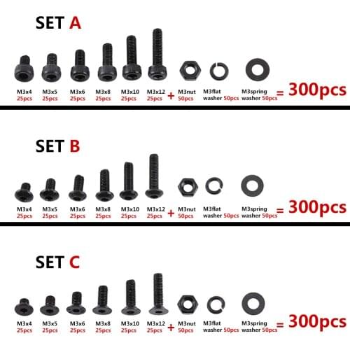 300pcs/set M3 Screws Nuts Set Kit Black Flat Button Head Hex Socket Screw Bolt with Nuts Assortment Kit Wholesale