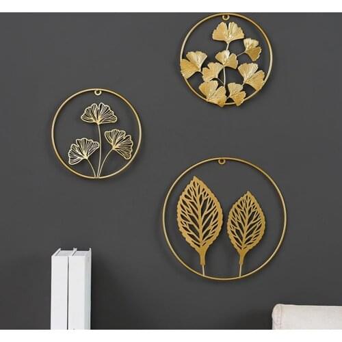 7 Stles Nordic Style Golden Ginkgo Leaf Wall Hanging Light Luxury Punch Free Metal Round Iron Leaf Wall Pendant for Living Room