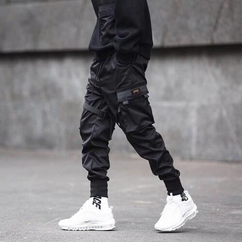 New 2021 Mens Ribbons Color Block Black Cargo Pants Man Multi-pocket Harem Joggers Man Harajuku Streetwear Punk Hip Hop Trousers