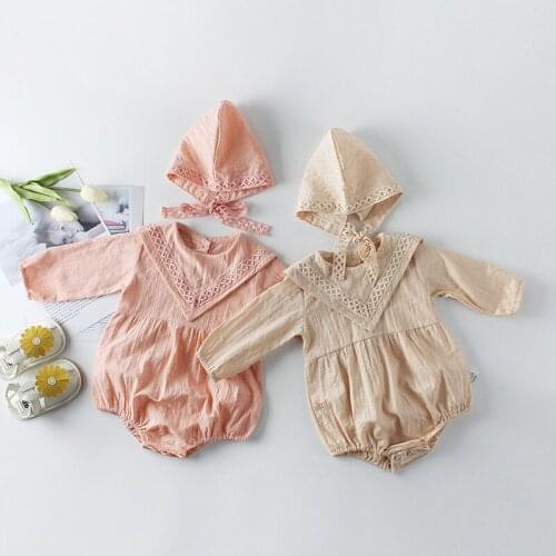 Newborn Baby Clothes Cute Princess 1st Birthday Baby Girl Bodysuits Hat Set Long Sleeve Cotton Lace Infant Jumpsuit Pink Beige