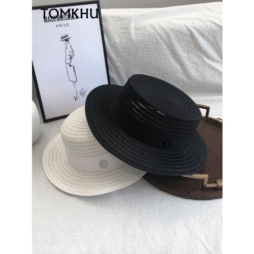 TOMKHU Summer Women White Ribbon M Letter Round Flat Top Straw Beach Hat Boater Sun Caps Wide Brim M Panama Hat Ladys Fedoras