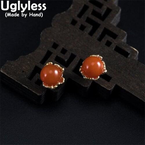 Uglyless Ethnic Silver Floral Studs Earrings for Women Nature Agate Balls Brincos Real 925 Silver MINI Earrings Gemstones Bijoux