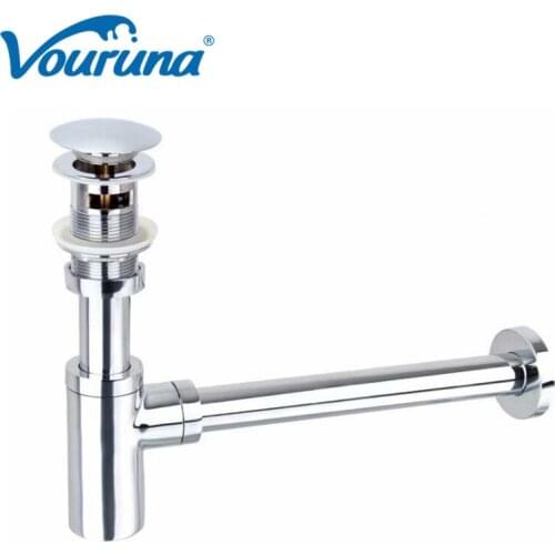 VOURUNA Round Click Clack Pop Up Waste Drain & Bottle Trap P Trap Waste Pipe Into The Wall Drainage Tube Chrome