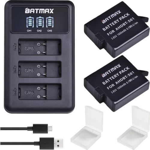 Batmax 2pcs for Gopro 7 AHDBT-501 Battery+LED USB 3Slots Charger with Type C port for Gopro hero 5 hero 6 Gopro 8 Action Camera