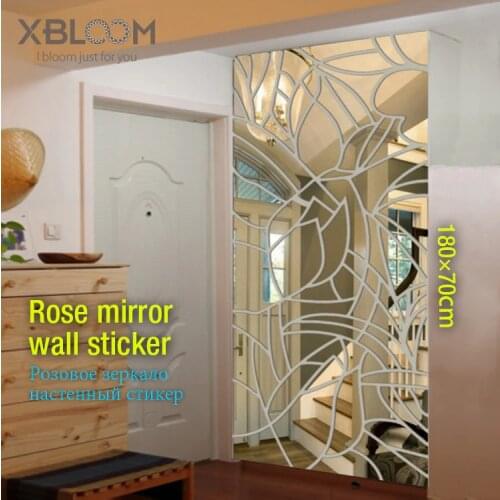 180x70cm rose mirror wall sticker face 3D stereo wall stickers Pattern wedding house bathroom decor wall panel party rose vase