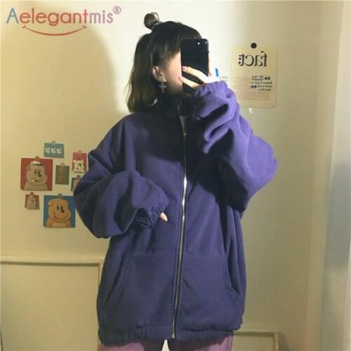 Aelegantmis Harajuk Boyfriend Women Sweatershirt Oversize Fashion Loose Long Sleeve Female Top Clothes Causal Zipper Top 2021