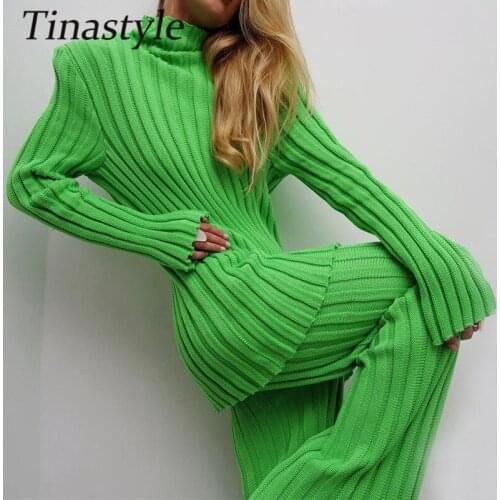 Tinastyle Thicken Knitted Two Piece Set Autumn Winter Suit Long Sleeve High Neck Slim Shirt And High Waist Wide Leg Pants Suits