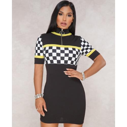 Dress 2021 Plaid Women T Shirt Dress Mini Office Ladies Club Women Summer Sexy Jurken Black Blue Vestido Verano Sukienki Robe