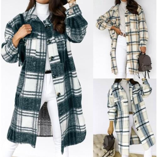 Womens Faux Woolen Coat New Plaid Button Lapel Trench Jacket For Women 2021 Winter Autumn Casual Slim Overcoat Long Coat