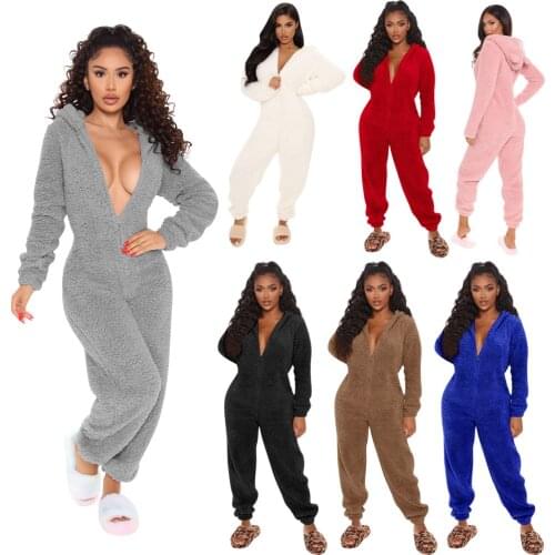 7 Color Winter Warm Women Casual Hooded Plush Pajamas Jumpsuit Long Sleeve Zipper Sleepwear Homewear