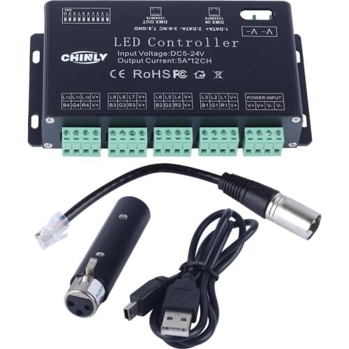 CHINLY 12 Channels DMX Decoder RGB DMX LED Controller DMX decoder DC 5V-24V with USB DMX Controller and driver LED strip module