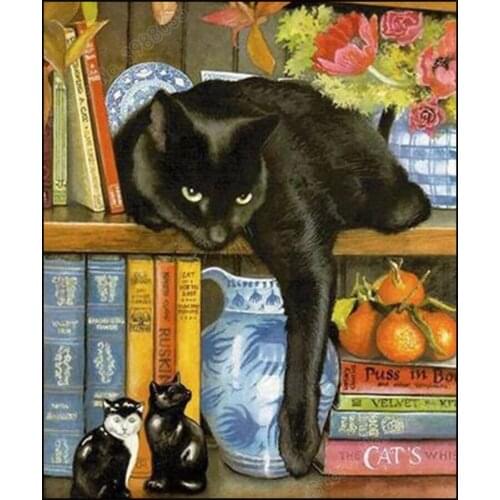 5D DIY Diamond Painting Animal Black Cat and Bookshelf Crystal Mosaic Picture Full Square Drill Diamond Embroidery Cross Stitch
