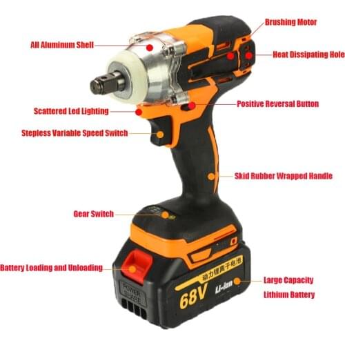 68V 9000mAh 320N.m Cordless Lithium-Ion Battery Electric Impact Wrench Cordless Brushless With Rechargeable 100-240V Battery AC