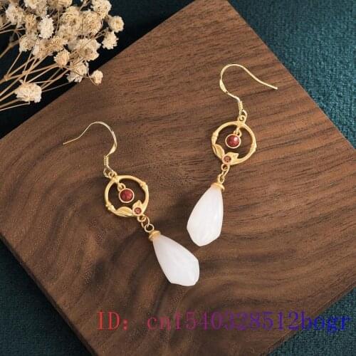 White Jade Flower Earrings Zircon Fashion 925 Silver Natural Women Charm Jewelry Crystal Amulet Chalcedony Gemstone Gifts