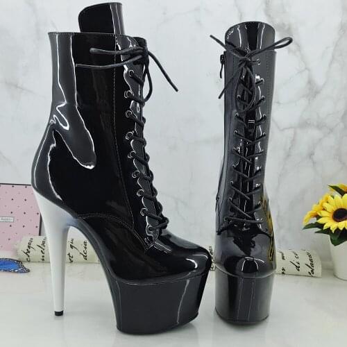 Leecabe Shinny Black/White 7inch/17CM with patent black closed toe Pole Dance boot