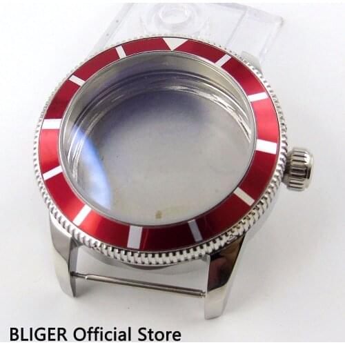 BLIGER 46MM Solid Stainless Steel Watch Case Red Rotating Bezel Case Fit For ETA 2836 Automatic Movement watch cover