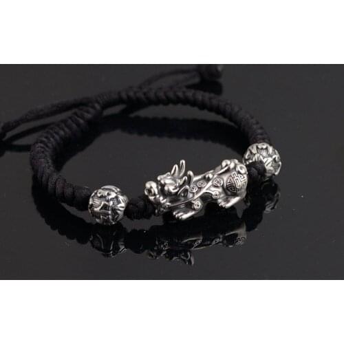 Pure 925 Silver Pixiu Bracelet 18.5cm Adjustable Size Classic Rope Chain S925 Thai Silver Beads Bracelets for Men Jewelry