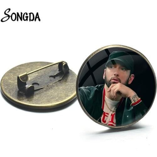 Hip-Hop Rap Singer Eminem Brooches Bronze Color Cool Glass Picture Handmade Backpack Badge Fans Collect Lapel Pins