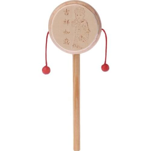 Wood Cartoon Chinese Traditional Spinning Rattle Drum Hand Bell Baby Musical Toy BX0D