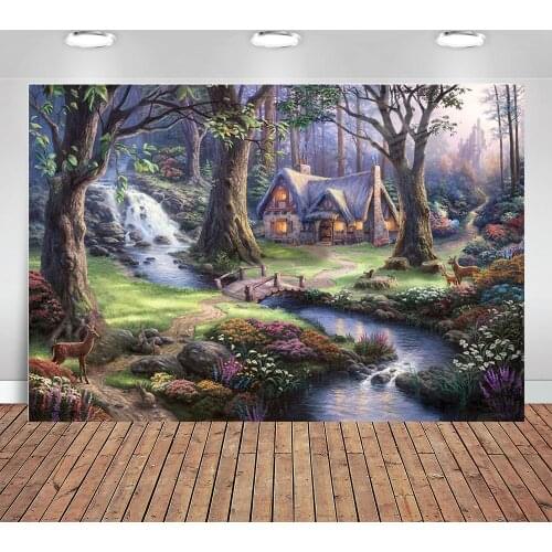 Photo Background Cartoon oil painting style cabin idyllic life with small animals of elk deep in the woods New photo background