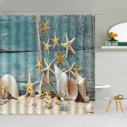 Blue Board Sandy Beach Shower Curtain Summer Starfish Frabic High Quality Bathroom Supplies With Hooks Bath Home Decor Curtains