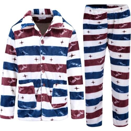 H5870 Sleepwear Men Thickened Flannel Long Sleeve Pajamas Autumn Winter Coral Fleece Home Wear Simple Male Comfortable Nightwear