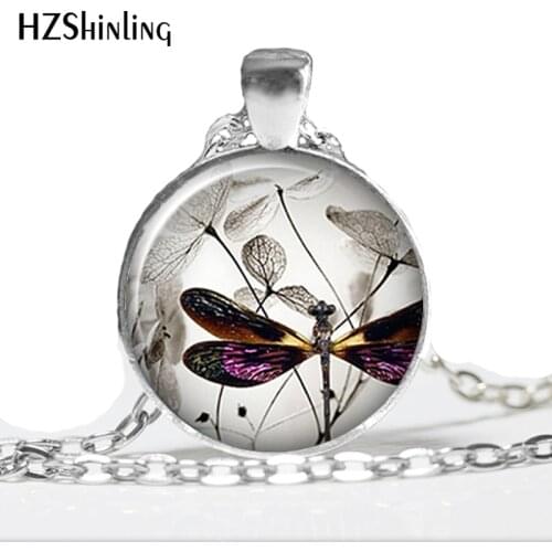 HZ--A535 New Vintage Steampunk Dragonfly Necklace Purple Dragonfly Jewelry Art Glass Cabochon Necklace HZ1